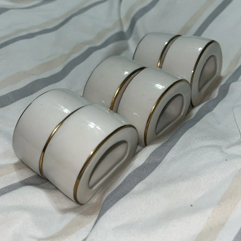 Ceramic Vintage Napkin Ring Holders White With Gold Trim Hostess Party Set of 6